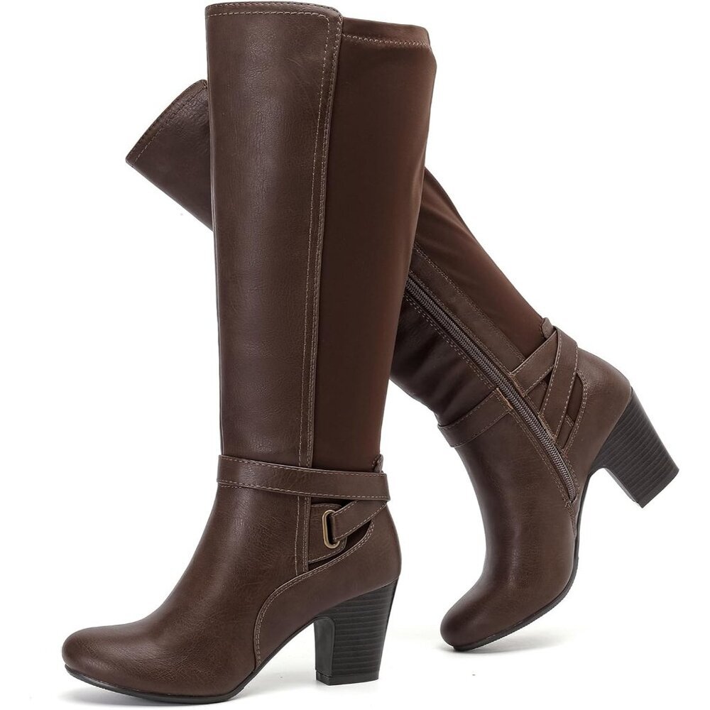 〽️Women's Brown Knee High Slouchy Chunky Heel Toe Comfortable Long Boots